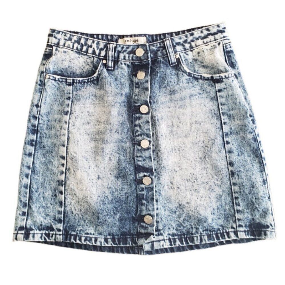 Refuge Acid Washed Button Down Denim Skirt